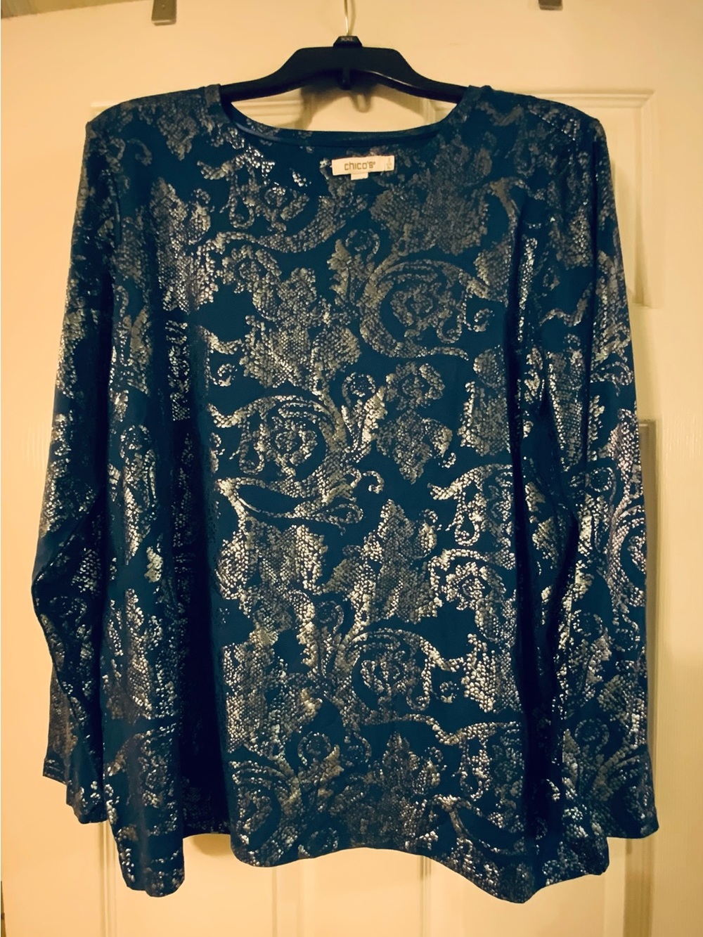 Chico's Touch of Cool Blue Long-Sleeve Metallic Floral Tee